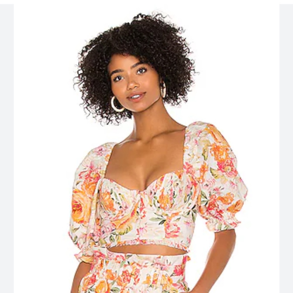 For Love & Lemons Pink, Orange & Cream Floral Puff-Sleeve Cropped Bustier